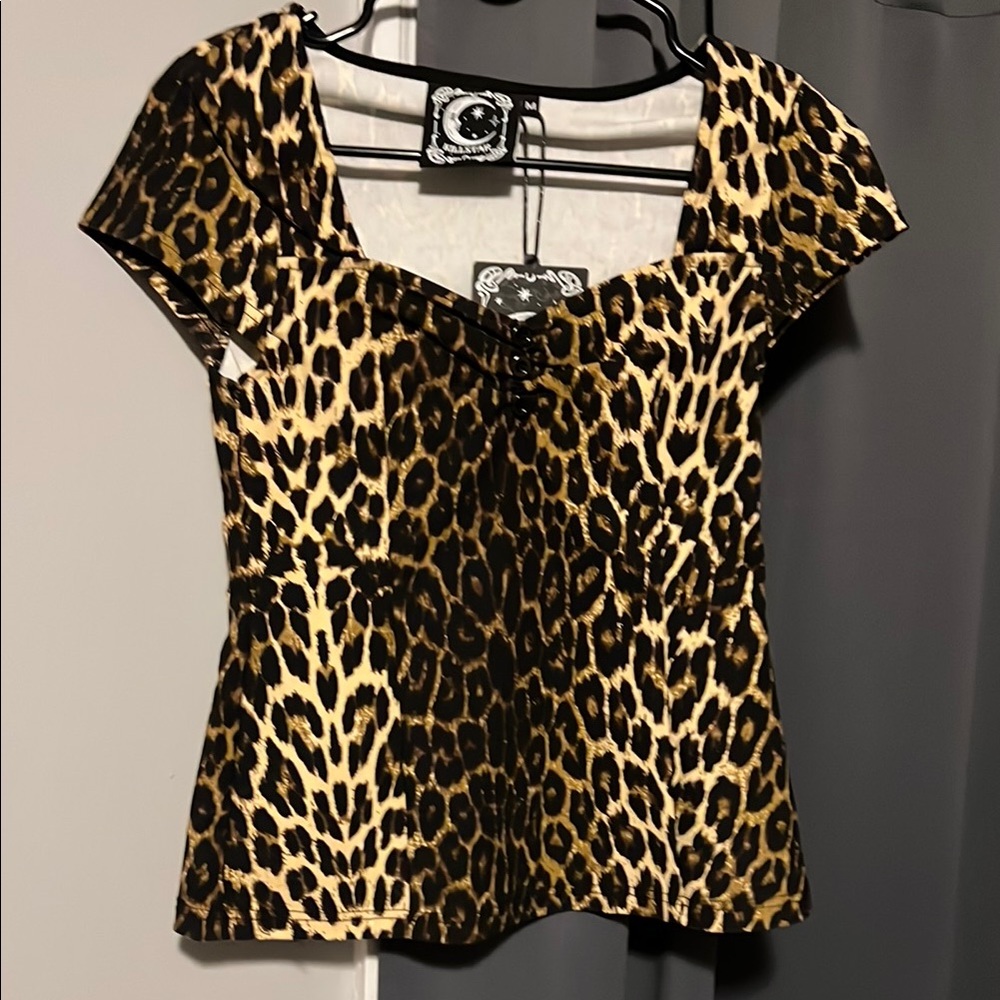 Killstar NWT Leopard Print Blouse with Button accent Front